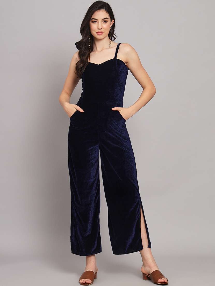 women solid shoulder strap velvet jumpsuit