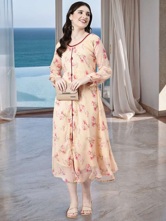 women floral print long sleeve fit & flared dress