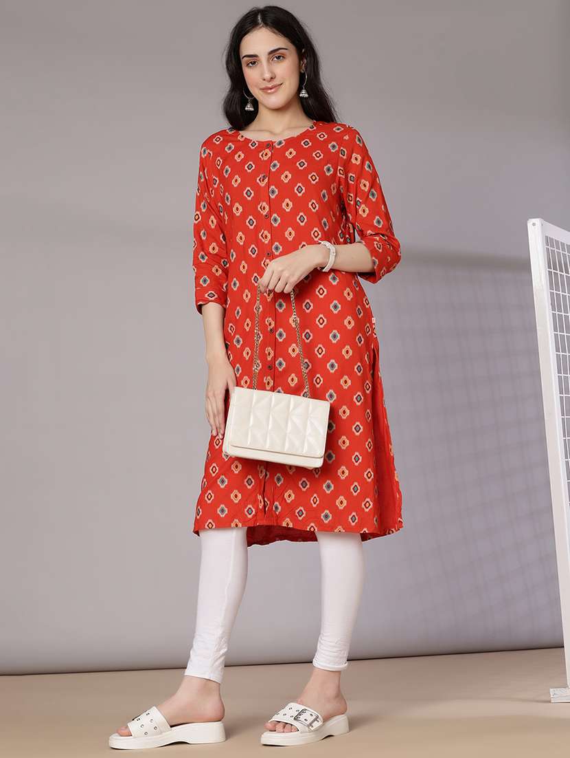 women printed three quarter sleeve a-line kurta