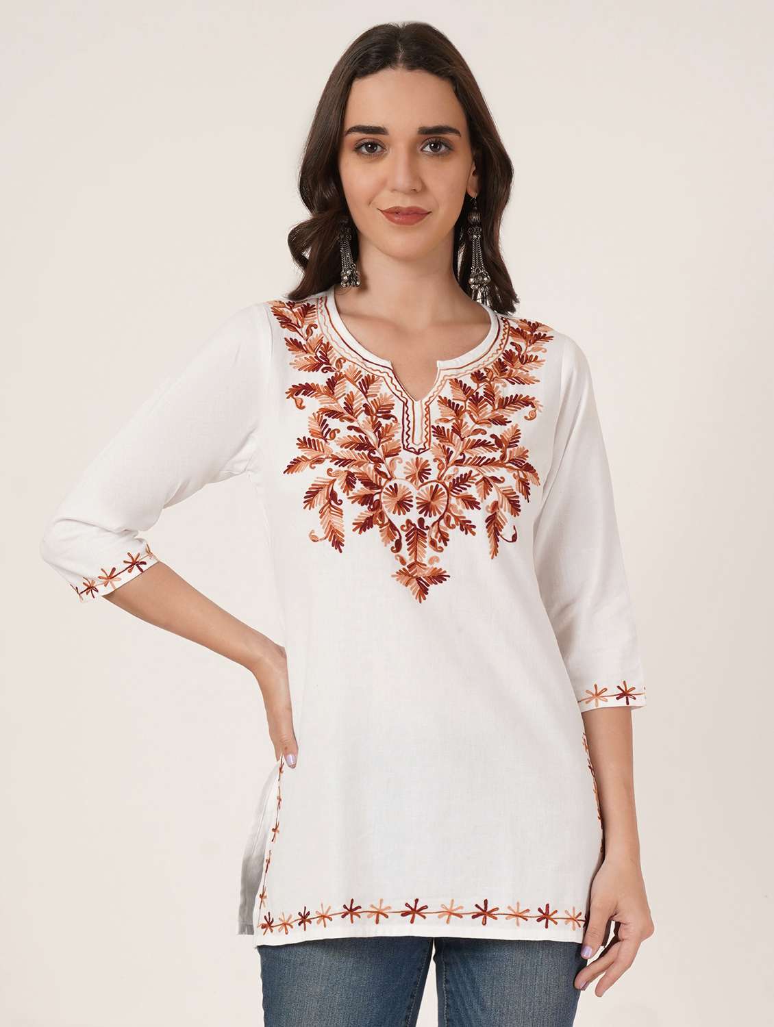 women embroidered three quarter sleeve straight kurti