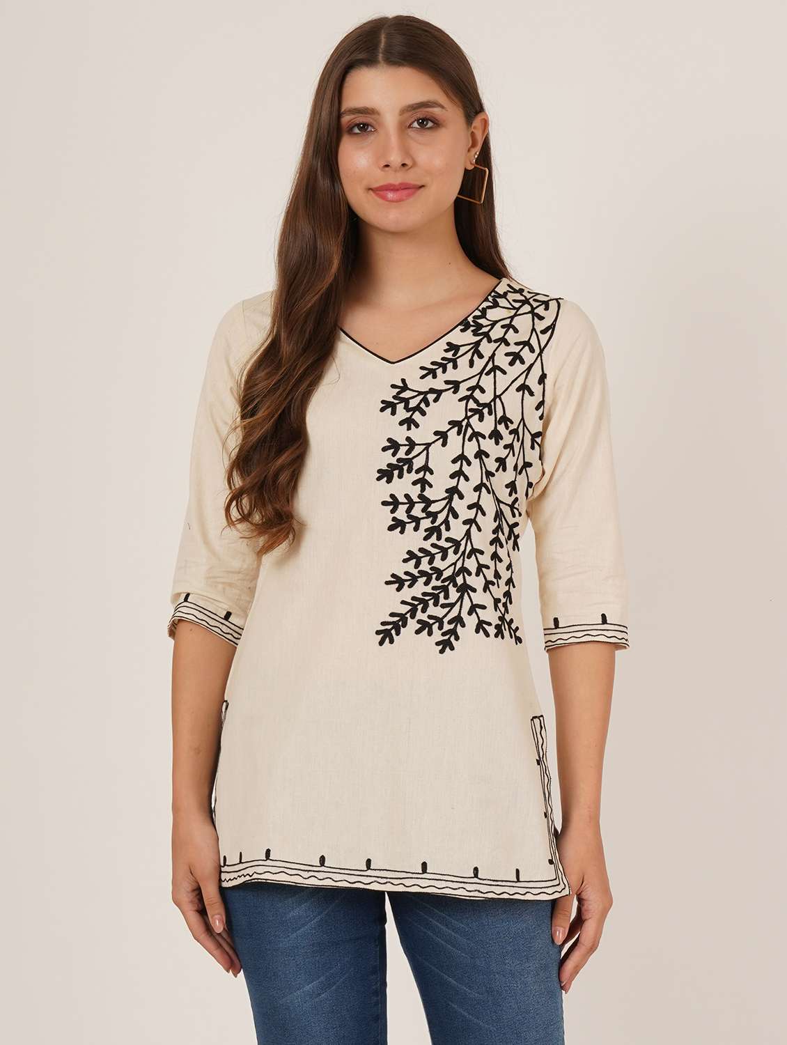 women embroidered three quarter sleeve straight kurti
