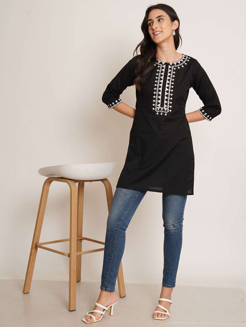 women embroidered three quarter sleeve straight kurti
