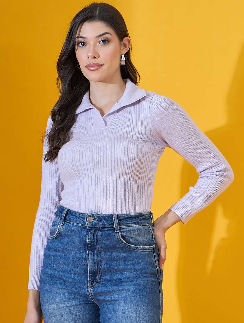 women solid long sleeve collared pullover