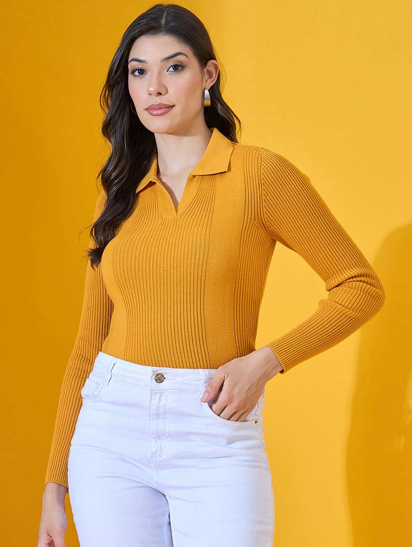 women solid long sleeve collared pullover