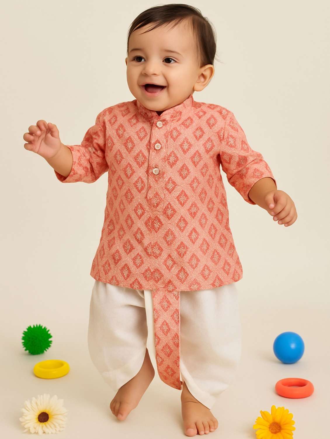 boys printed long sleeve kurta & dhoti set