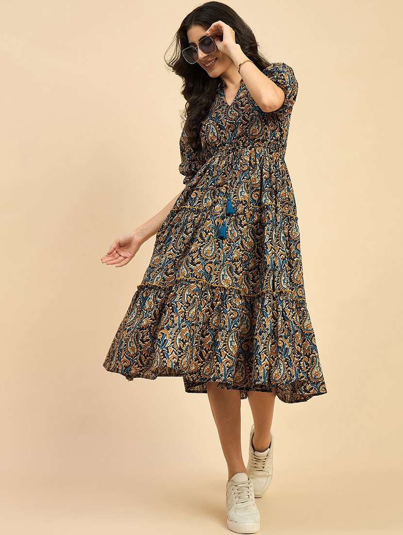 women printed puff sleeve tiered dress