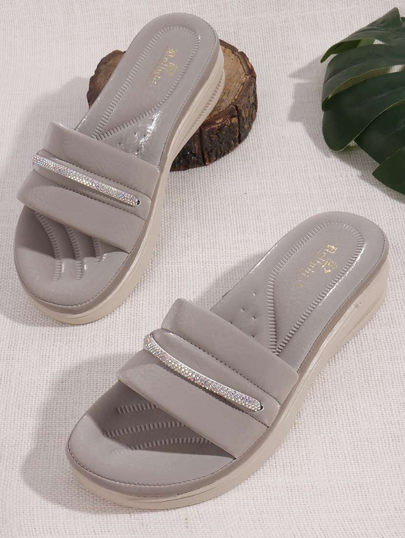 women grey slip on wedge