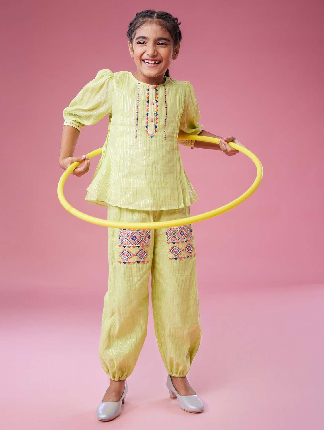 girls embroidered top & pants co-ords set