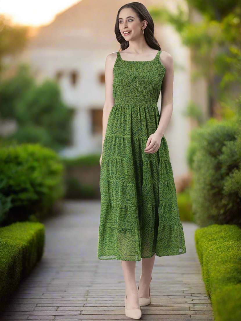 women printed shoulder strap tiered dress