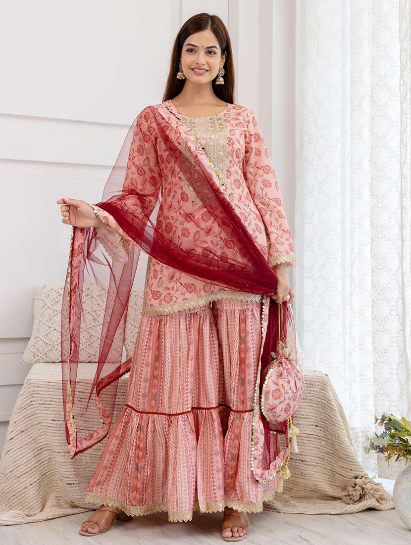 women embroidered long sleeve kurta sharara with dupatta set