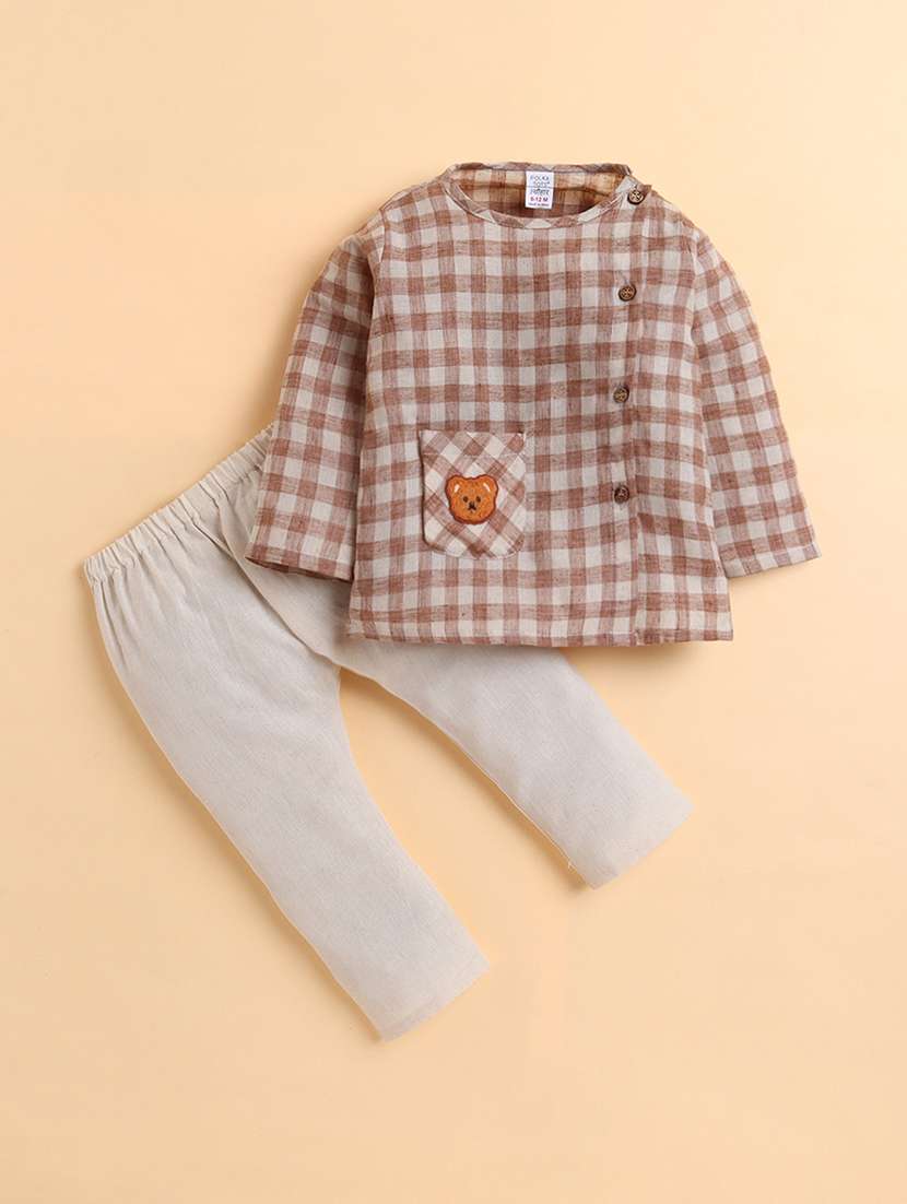boys checkered long sleeve shirt and trouser set