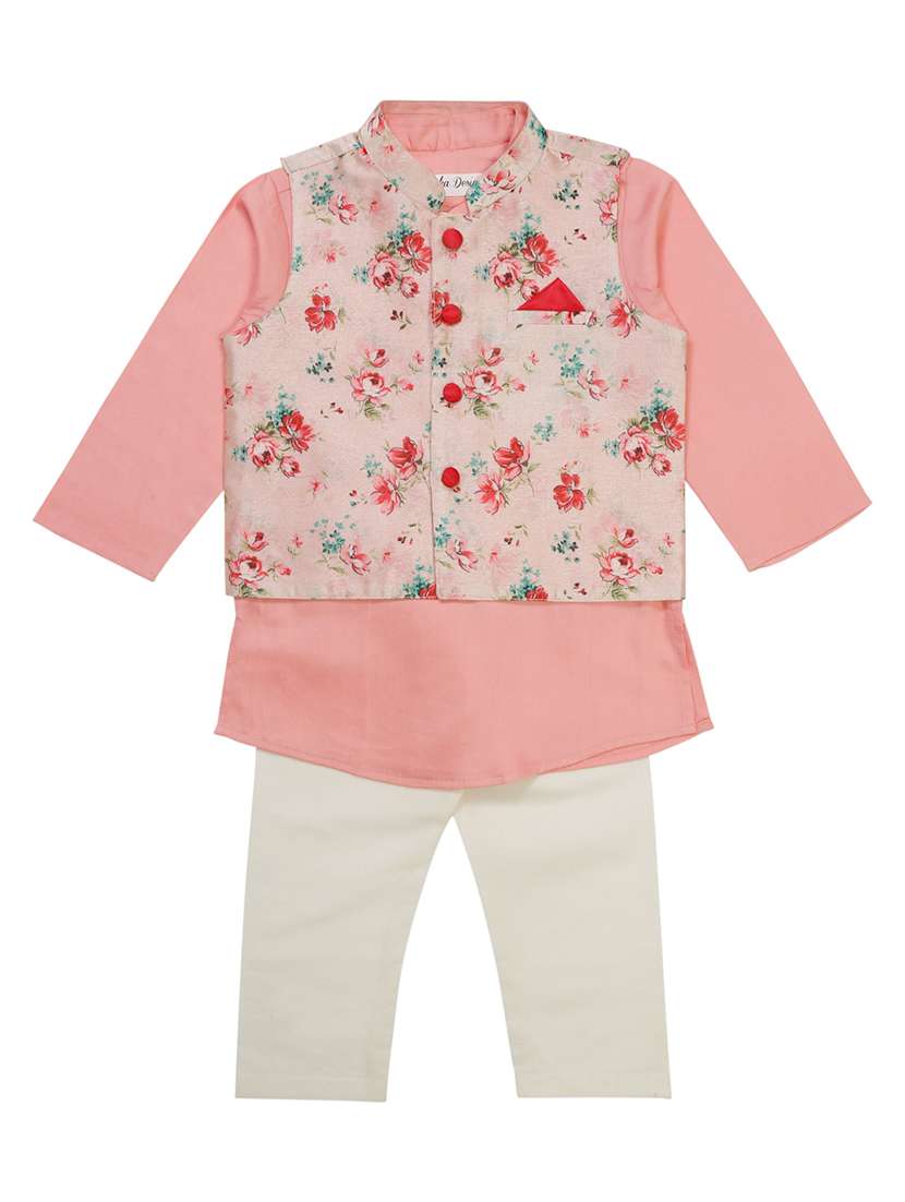 boys solid kurta and pyjama with printed nehru jacket