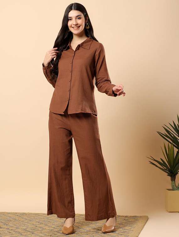 women solid long sleeve shirt & trouser co-ord set