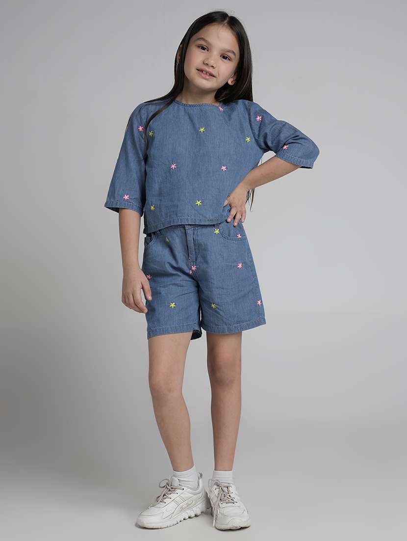 girls embroidered top and shorts co-ord set