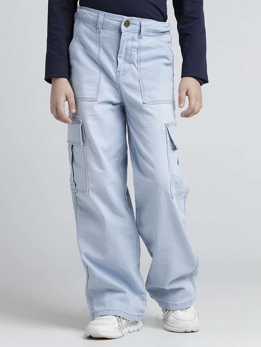 girls solid mid rise light blue denim cargo