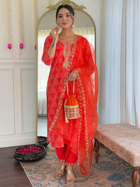 women embroidered three quarter sleeve kurta pant with dupatta set