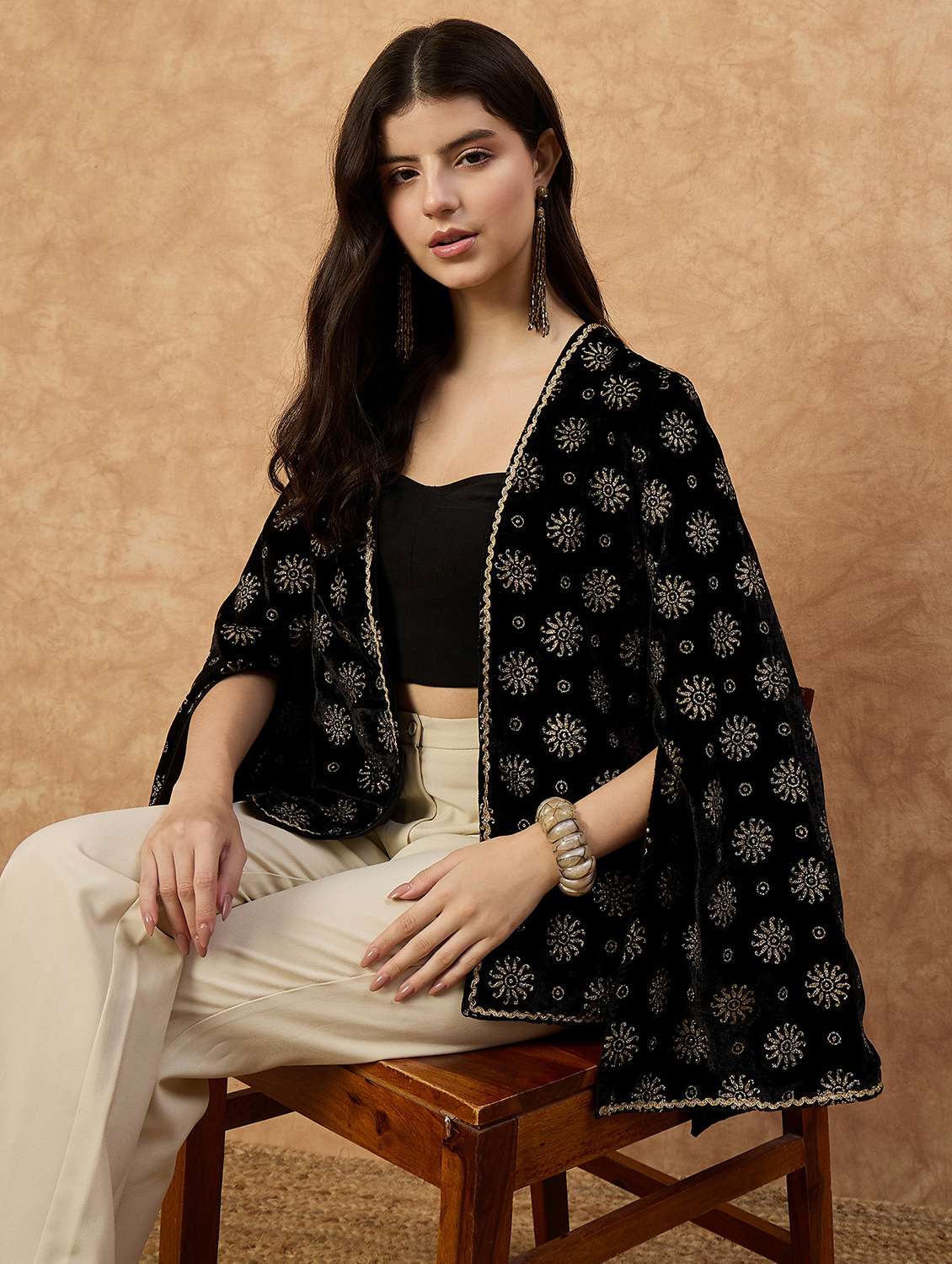 women foil printed long sleeve ethnic shrug