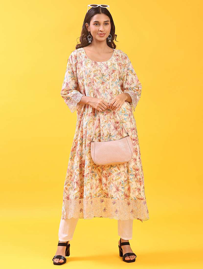 women floral printed three quarter sleeve a-line kurta