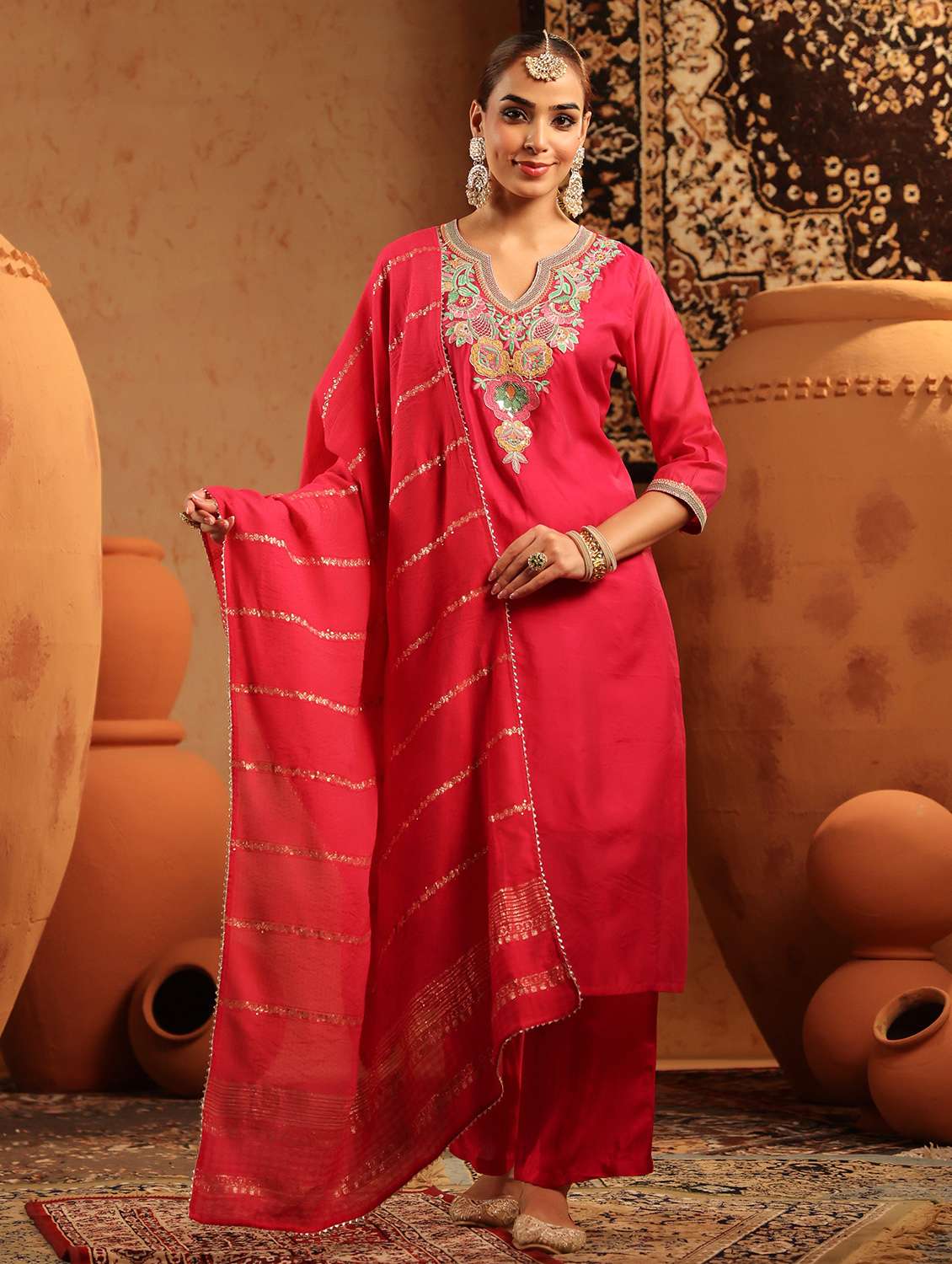 women embroidered three quarter sleeve kurta pant with dupatta set