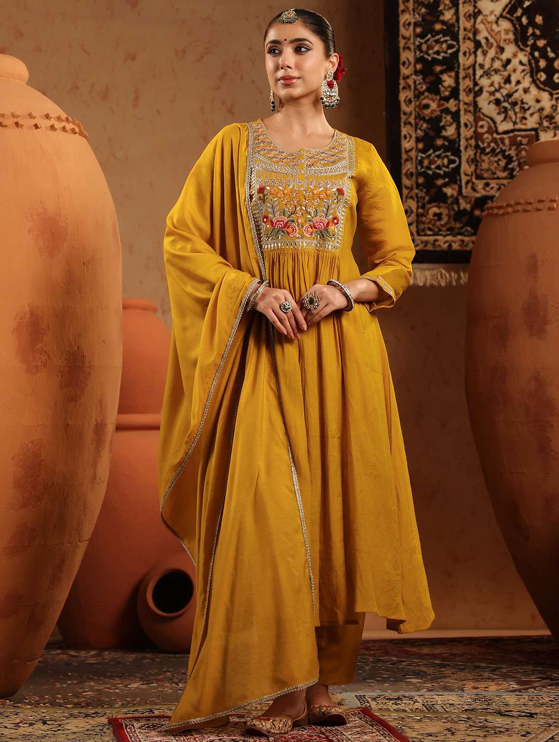 women embroidered three quarter sleeve kurta pant with dupatta set