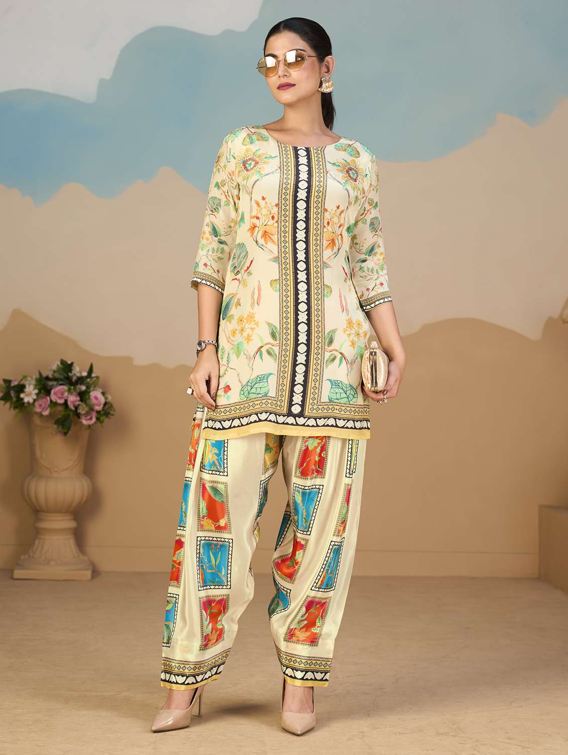 women printed three quarter sleeve co-ord set