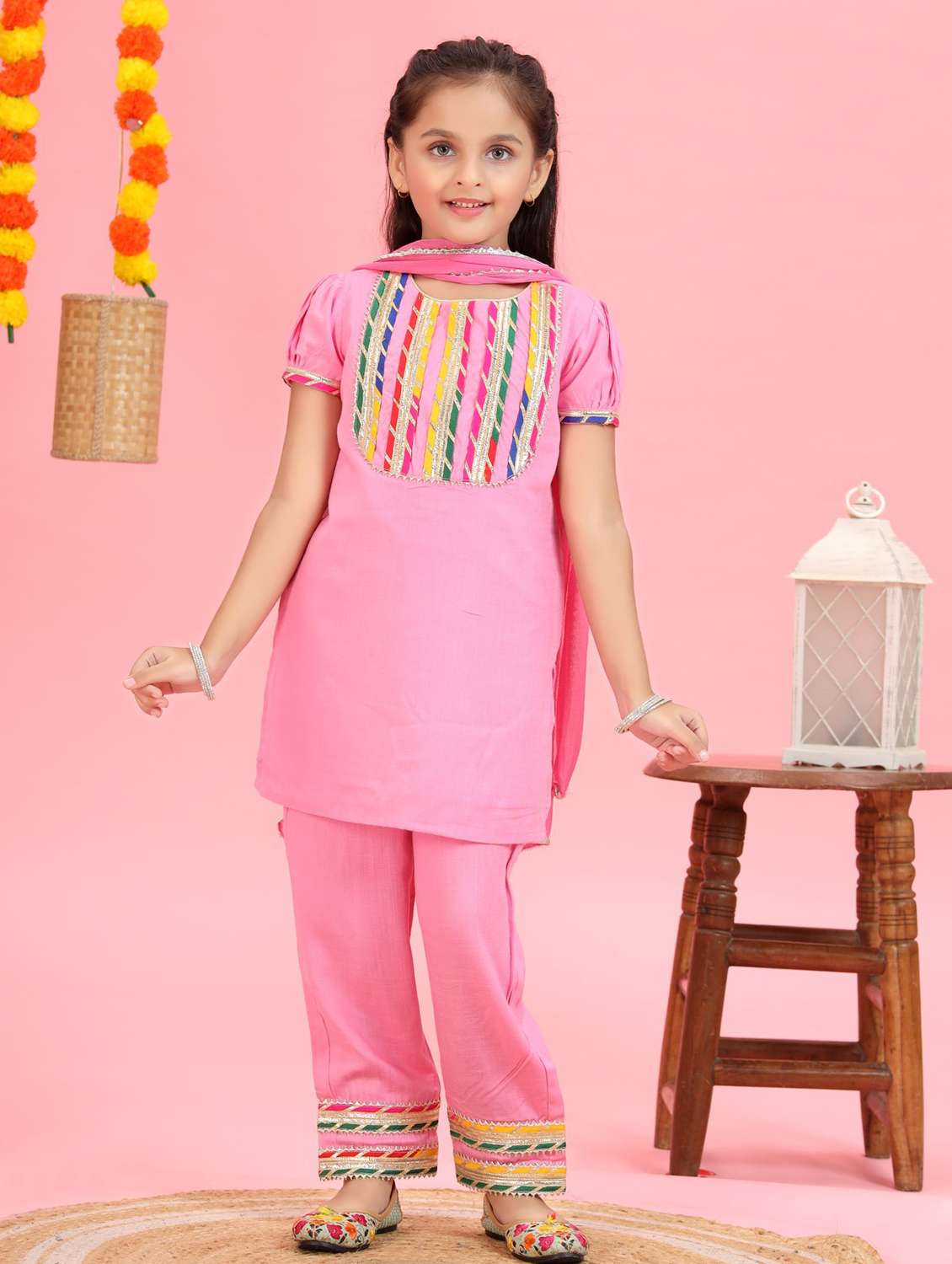 girls embroidered kurta and pant with dupatta set