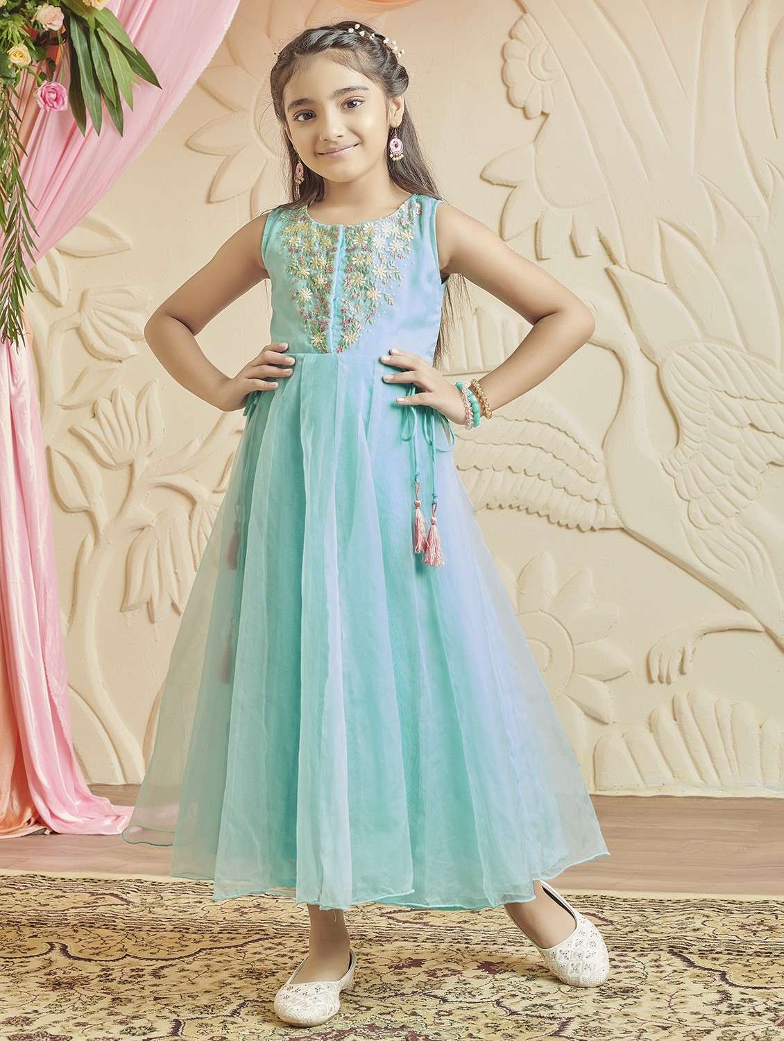 girl sembroidered sleeveless fit & flare gown