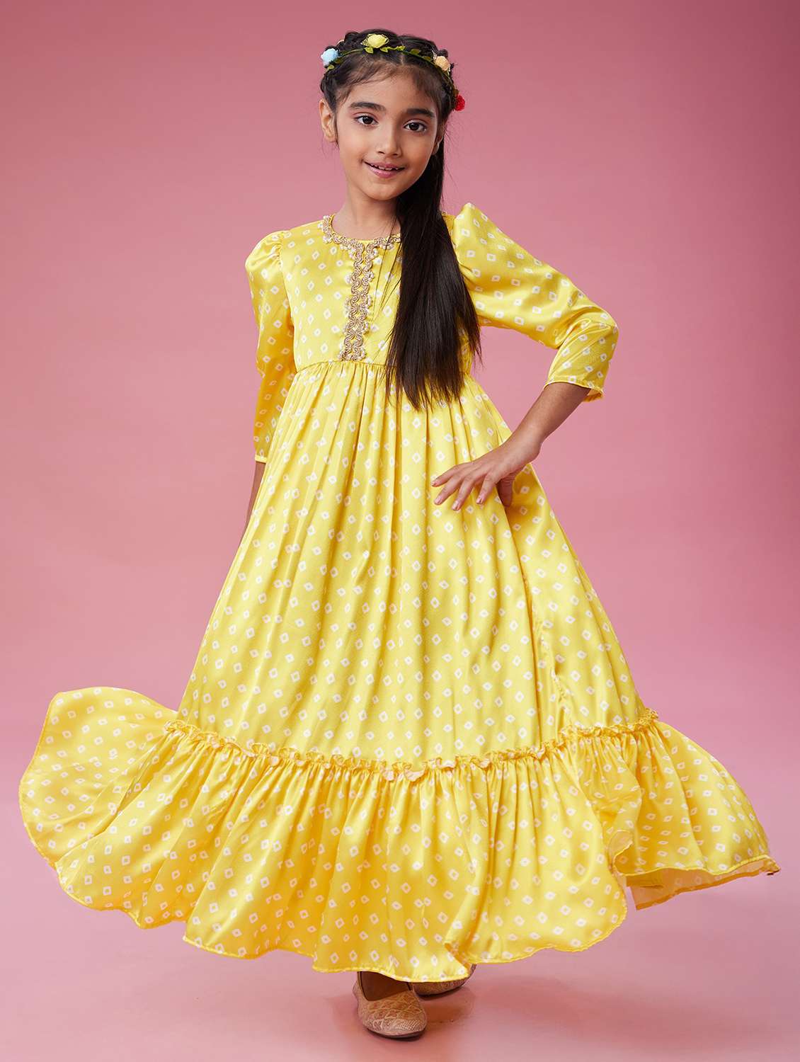 girls printed puff sleeve tiered dress