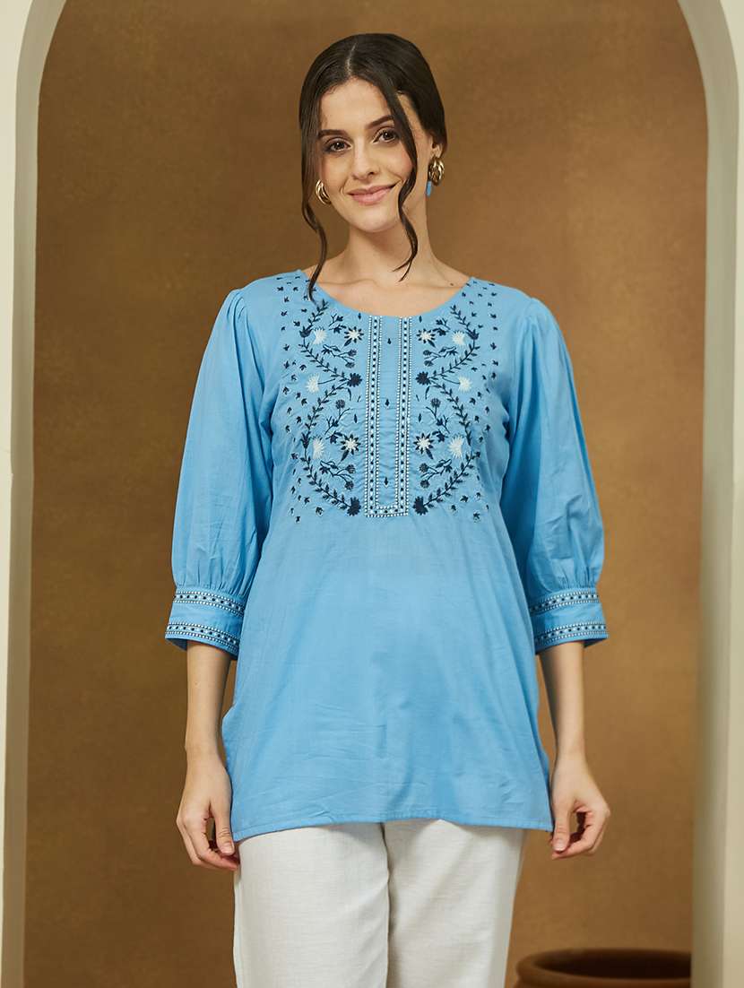 women embroidered three quarter sleeve straight kurti