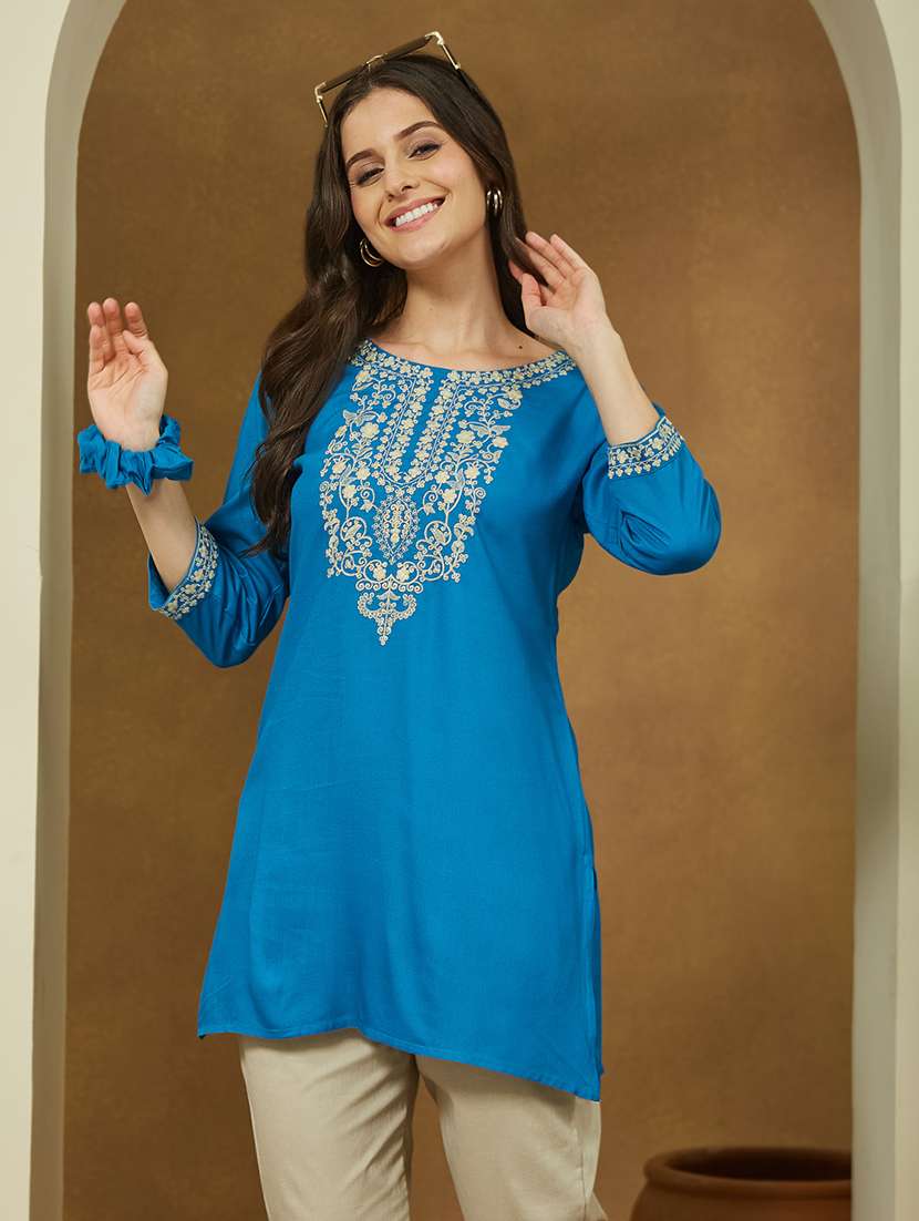 women embroidered three quarter sleeve straight kurti