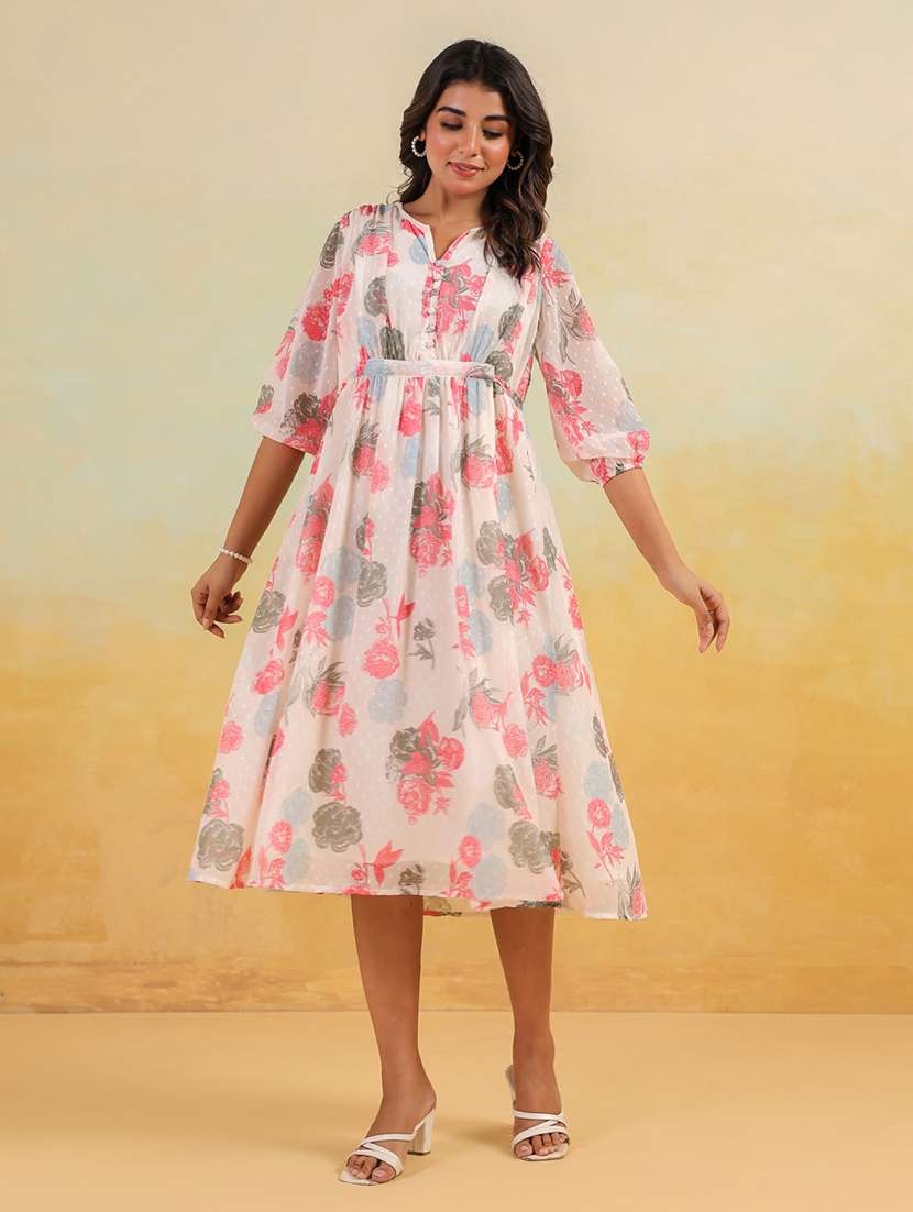 women printed puff sleeve a-line dress