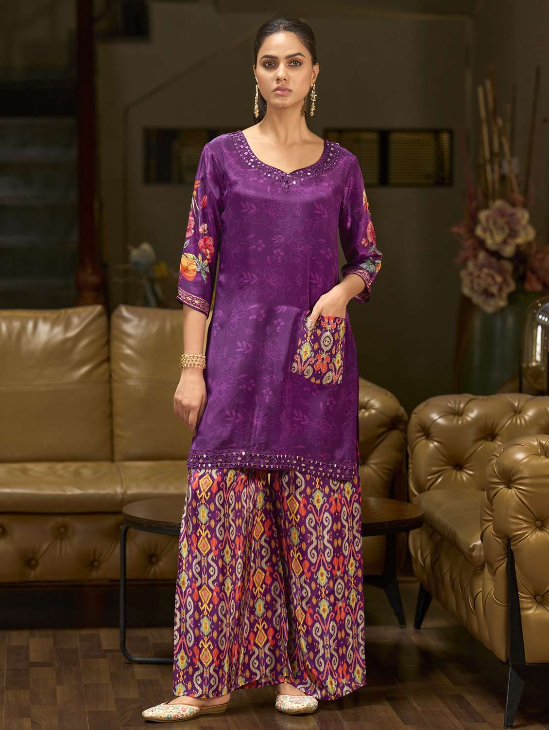 women printed three quarter sleeve co-ord set