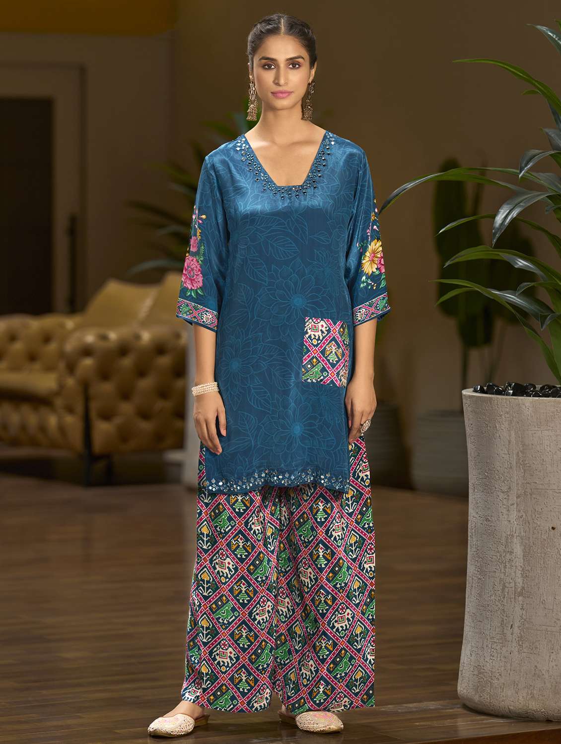 women printed three quarter sleeve co-ord set