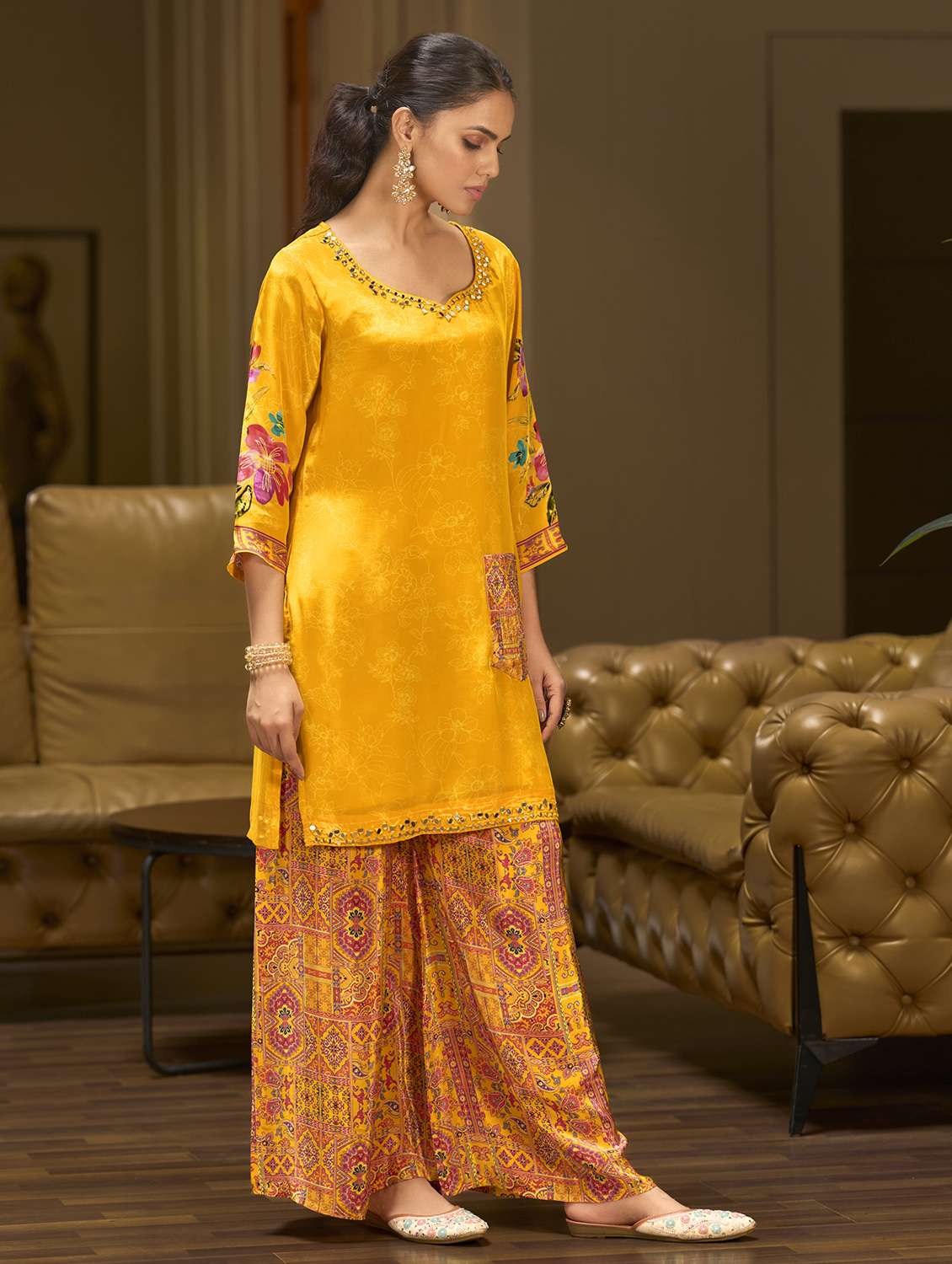 women printed three quarter sleeve co-ord set