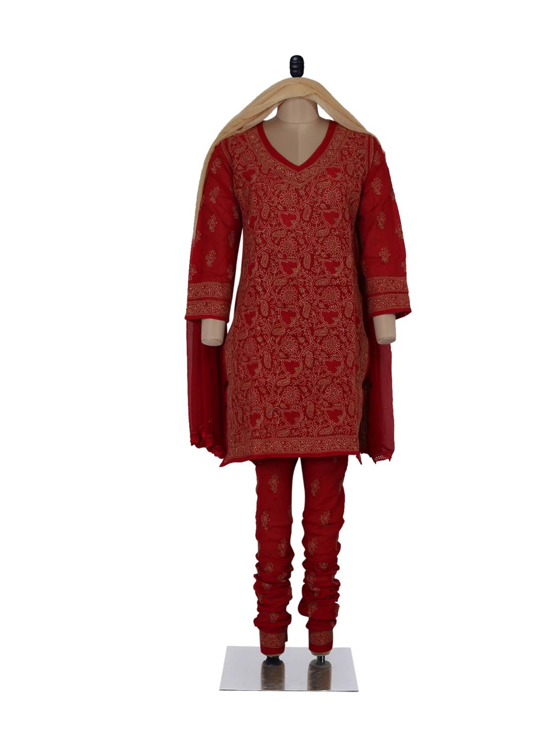 Red & Cream Chikankari Churidar Suit - Ada