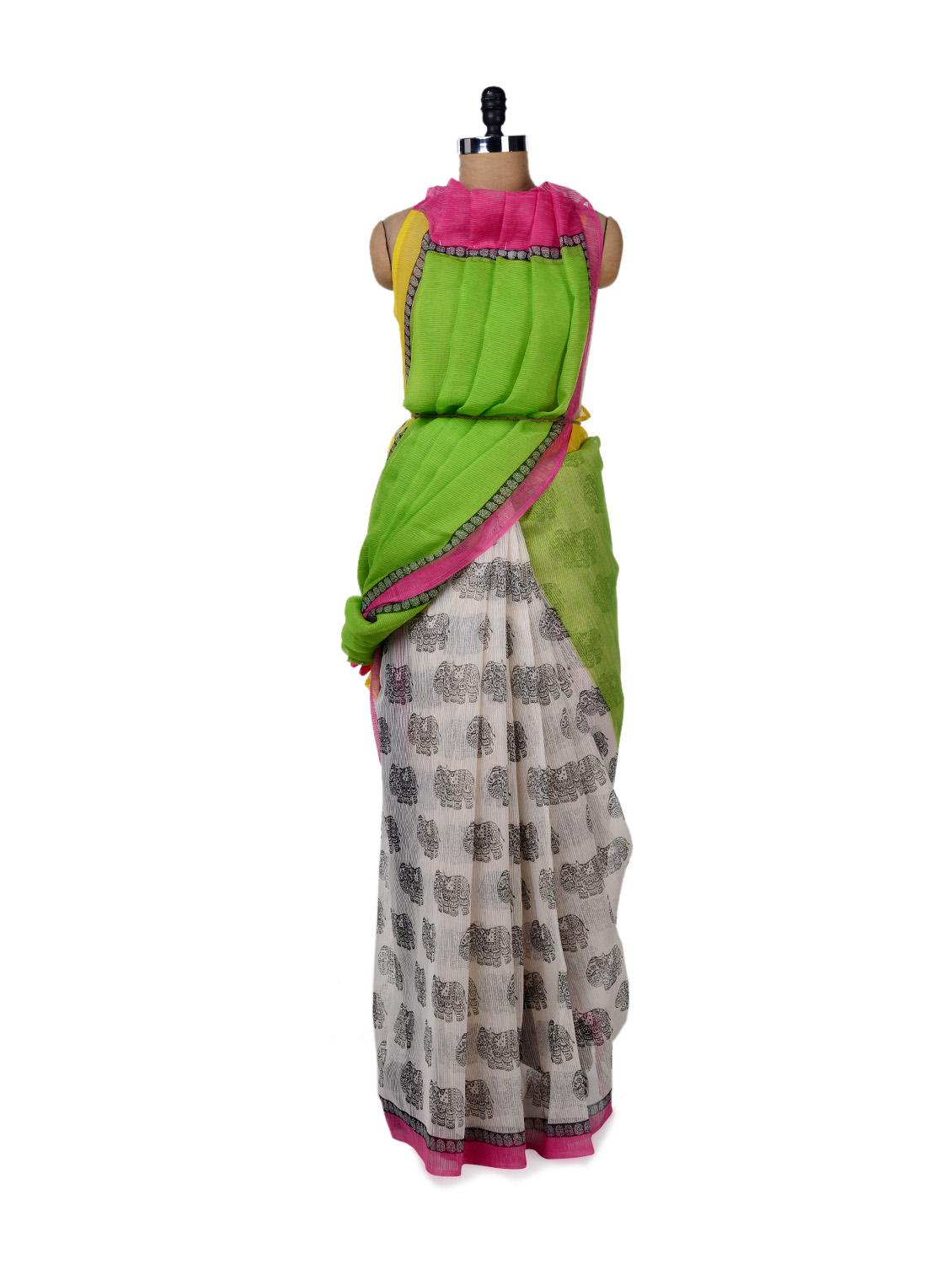 Parrot Green & White Printed Saree - ROOP KASHISH