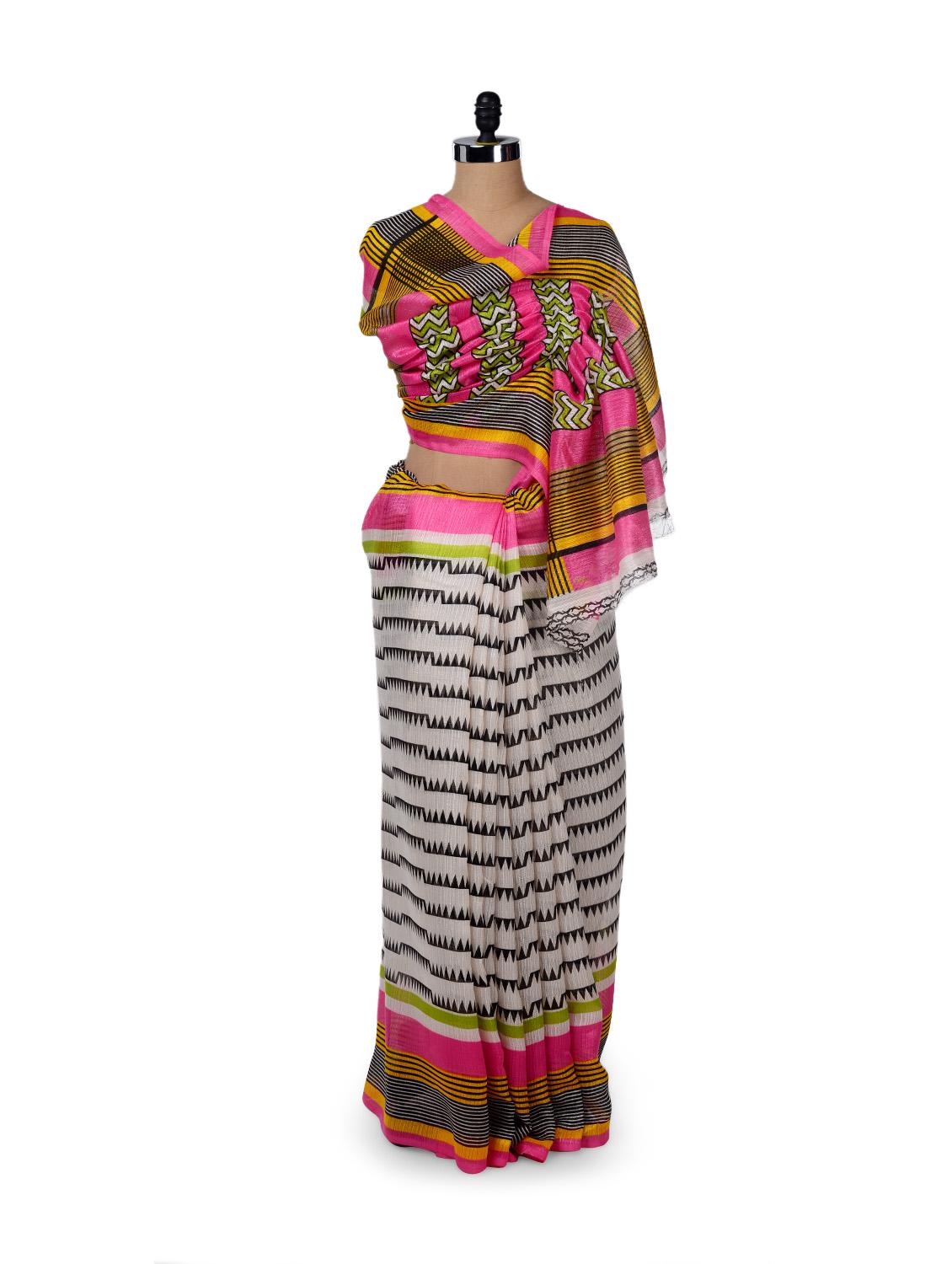 Multicoloured Temple Print Saree - ROOP KASHISH