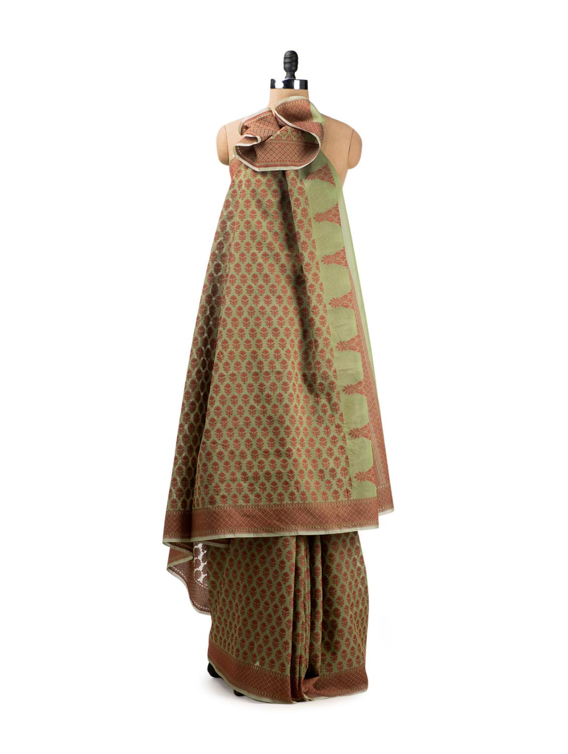 Pista Green Benarasi Cotton Silk Saree - Seasons By Surekha