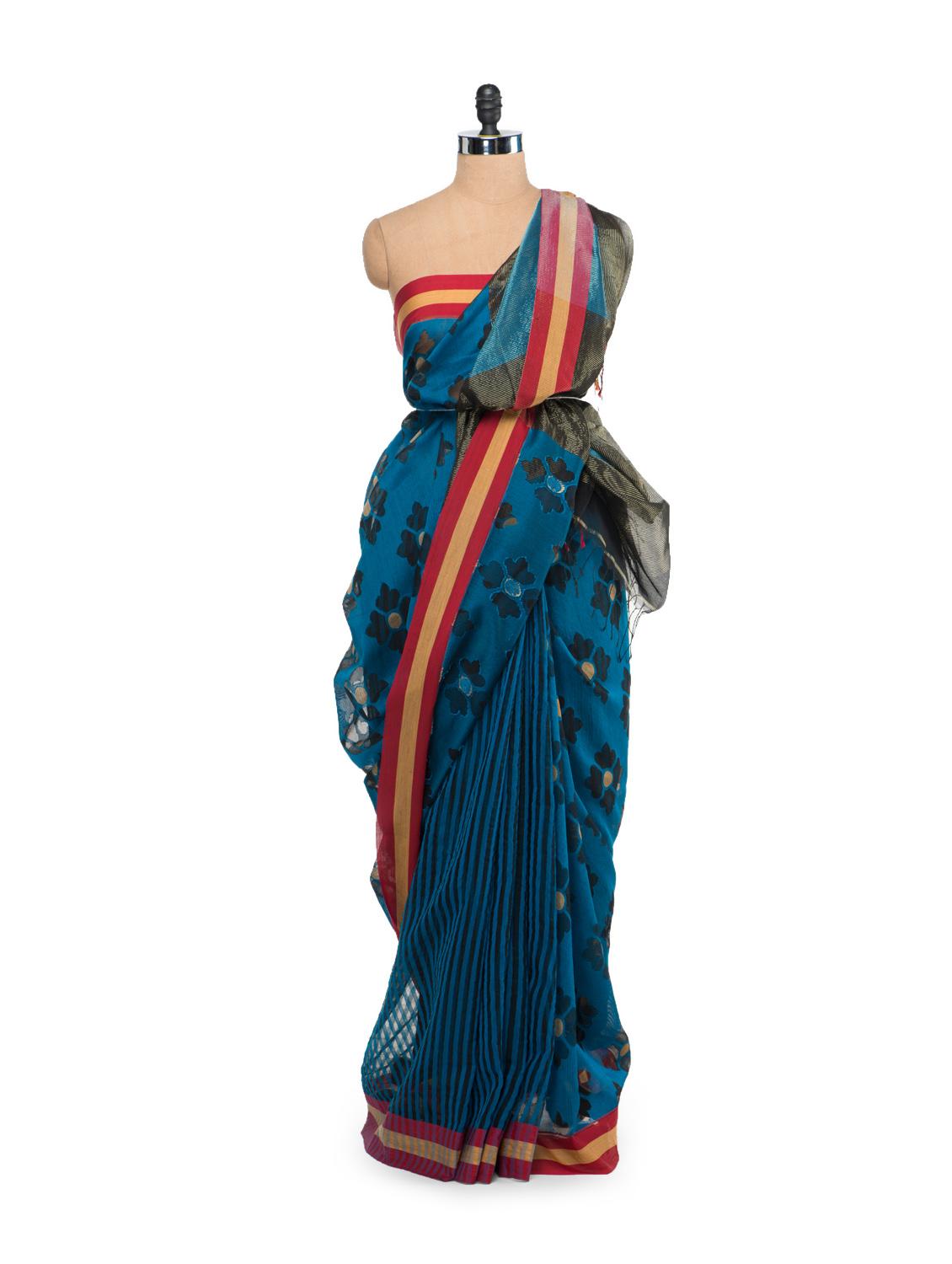 Black And Blue Jacquard Saree - Story Of Weaves
