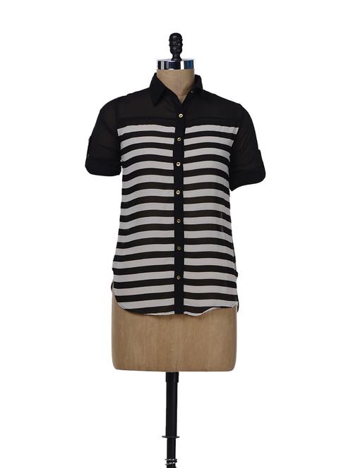 Flowy Black & White Striped Shirt - Miss Chase