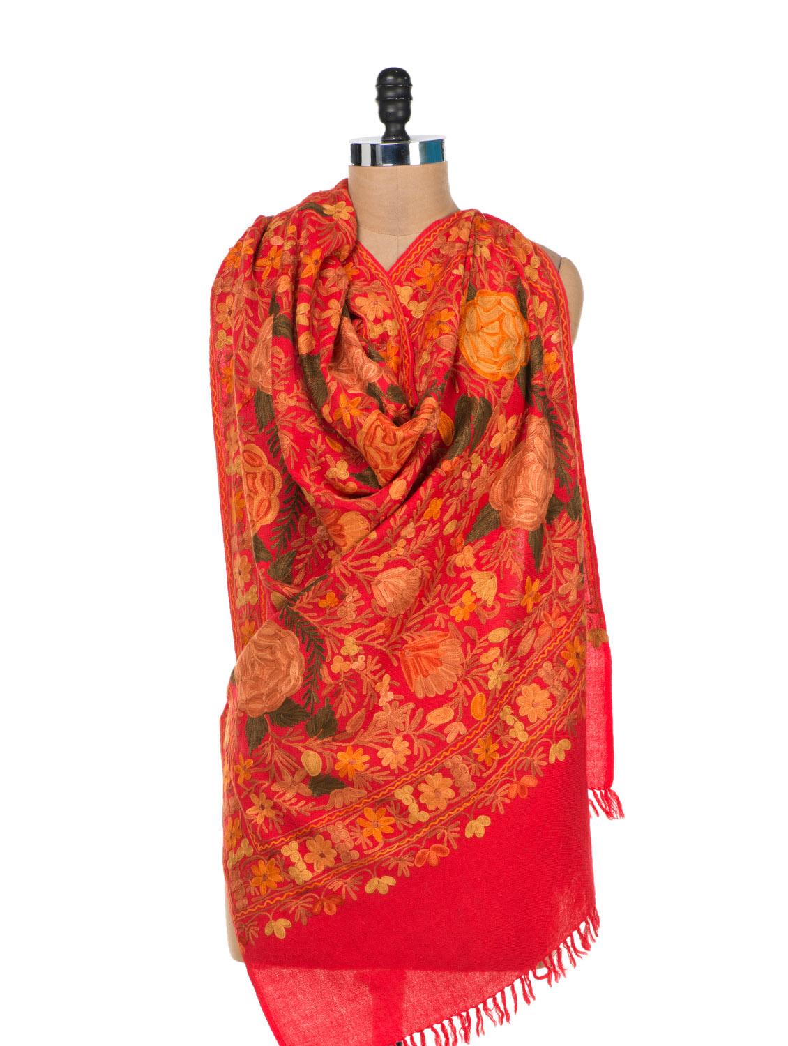 Red Roses Embroidered Shawl - Vayana