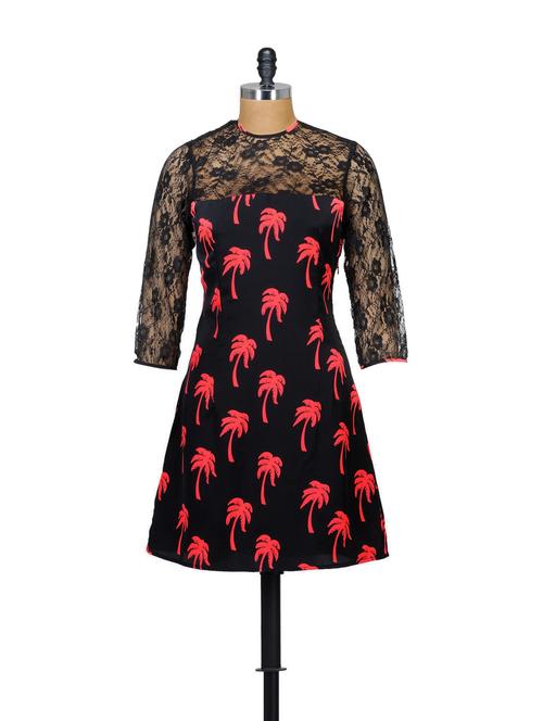 Neon Palm Tree Print Lace-Inset Dress - Myaddiction