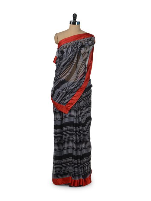 Printed Black Saree With Contrast Border - ROOP KASHISH