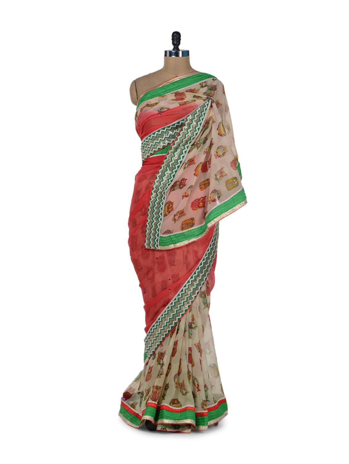 Stylish Red & Green Owl Print Saree - ROOP KASHISH