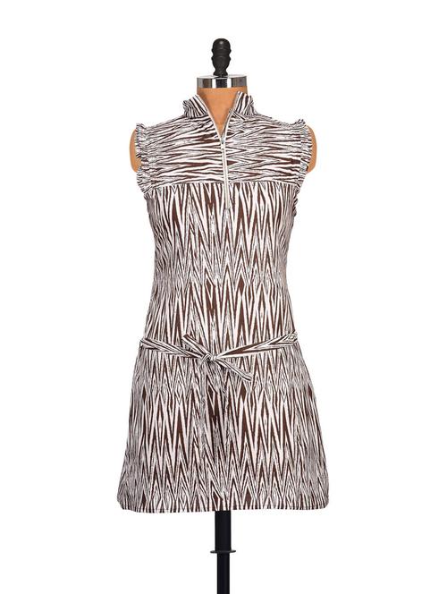 Abstract Striped High Neck Dress- Brown - STYLE QUOTIENT BY NOI