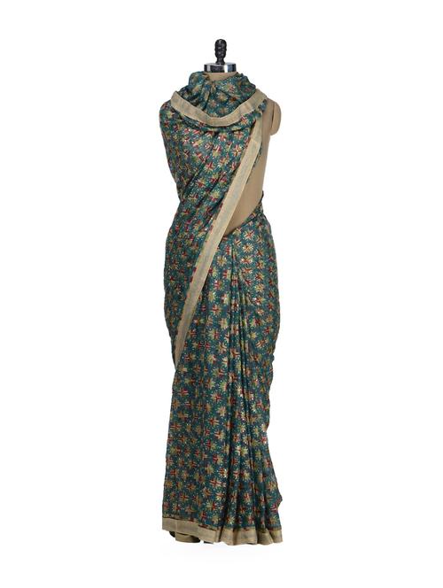 Teal Blue Phulkari Chiffon Saree - Home Of Impression