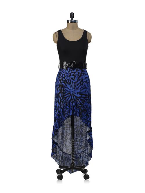 Blue Black Long Dress With Belt - ShopImagine