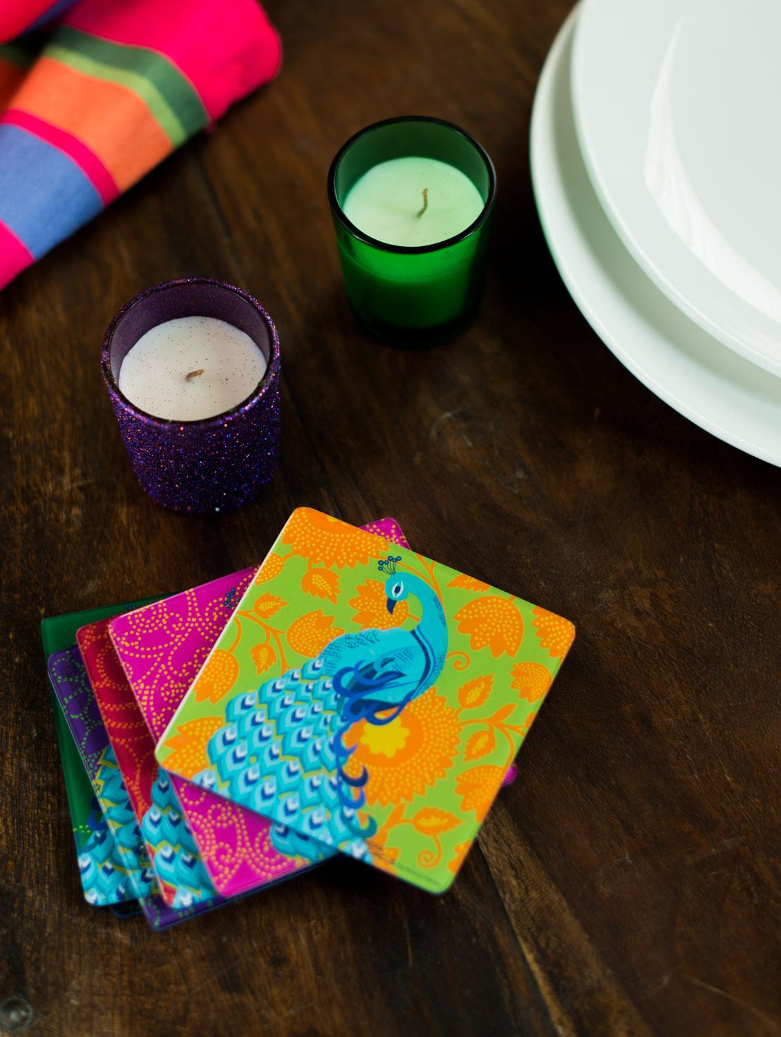 Peacock Dance Acrylic Coasters Set Of 6 - India Circus