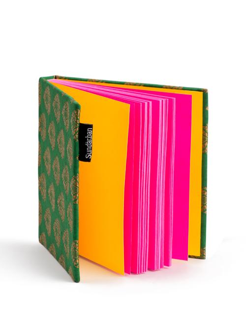 Green Square Brocade Notebook With Pink Pages - SUNDARBAN
