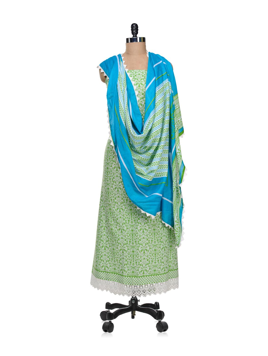 Leaf And Floral Print Unstiched Set In Green And Turquoise - Awesome